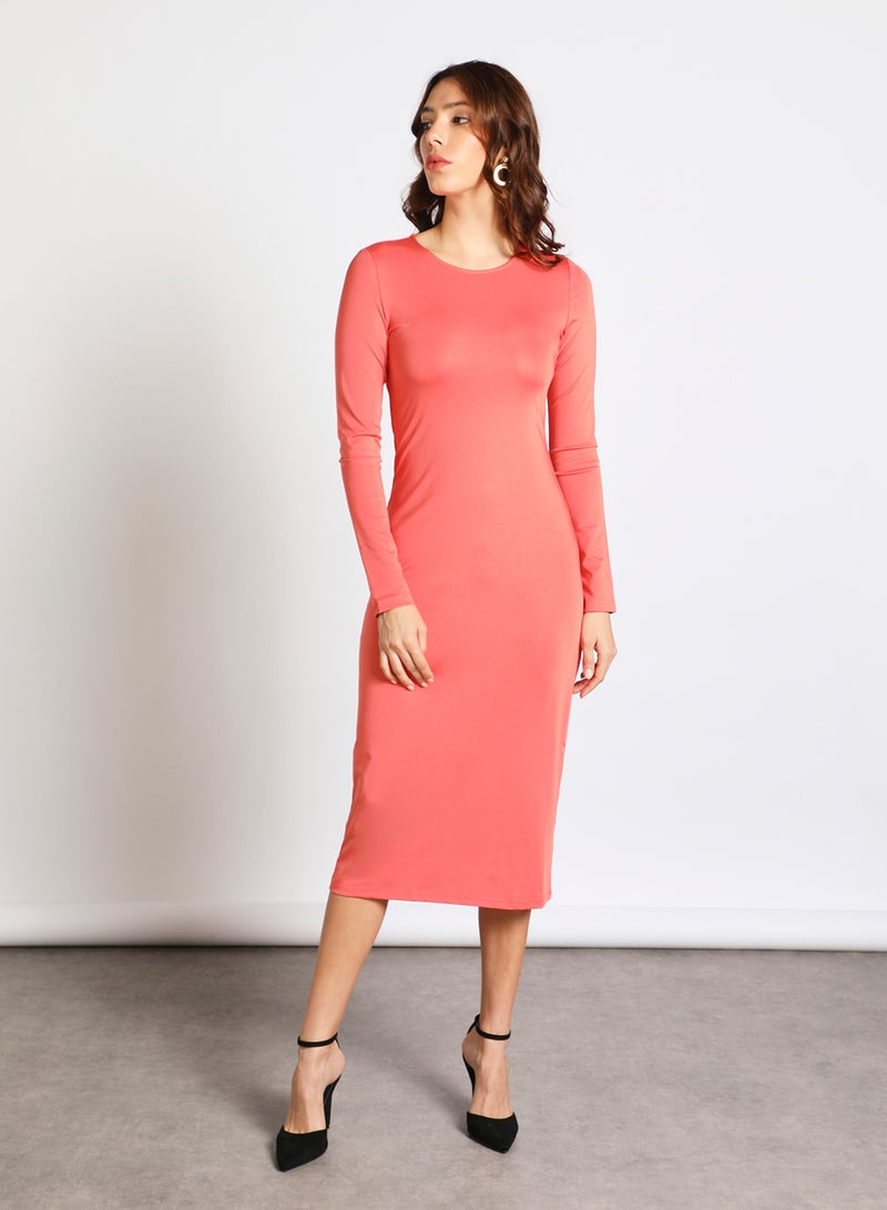 Aila Women's Round Neck Long Sleeve Midi Bodycon Knit Dress Orange - Image 1