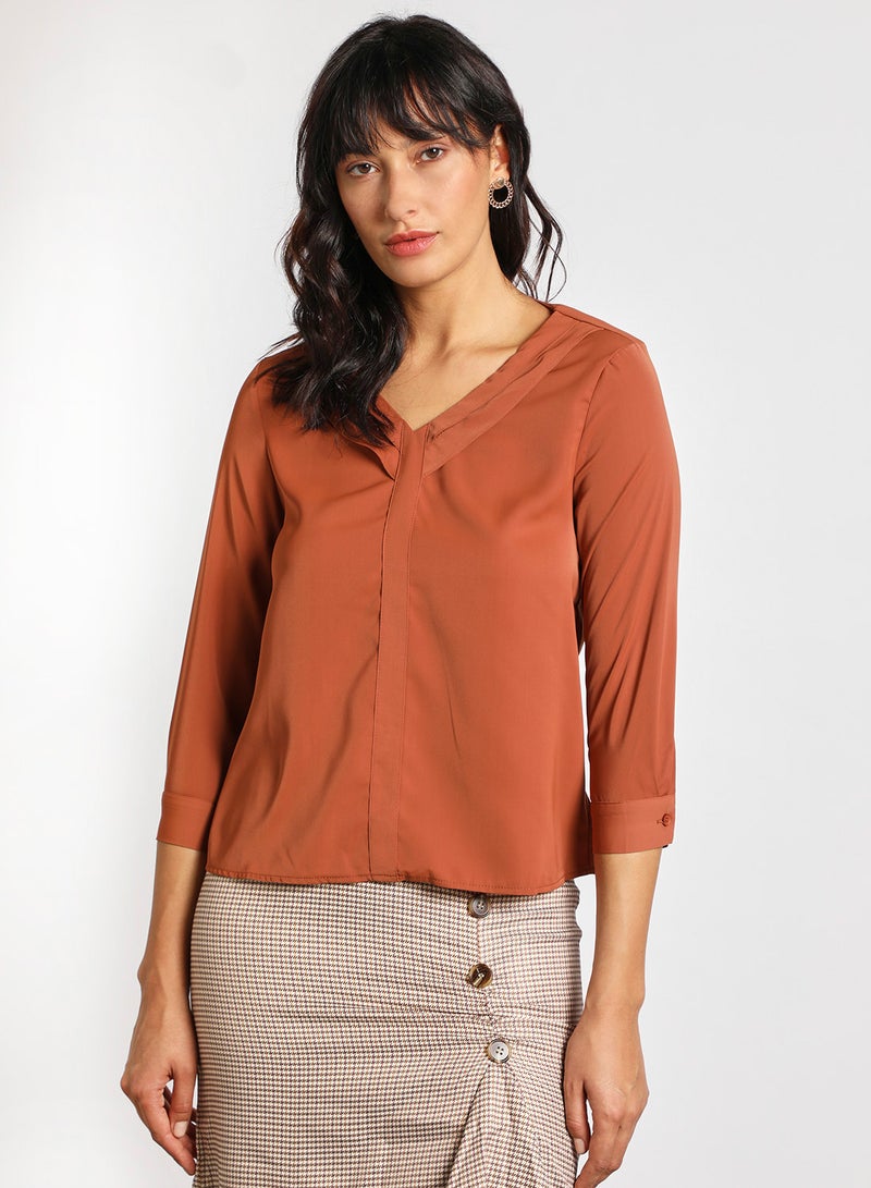 Aila Women's Casual Long Sleeve V Neck Solid Top Brown - Image 1