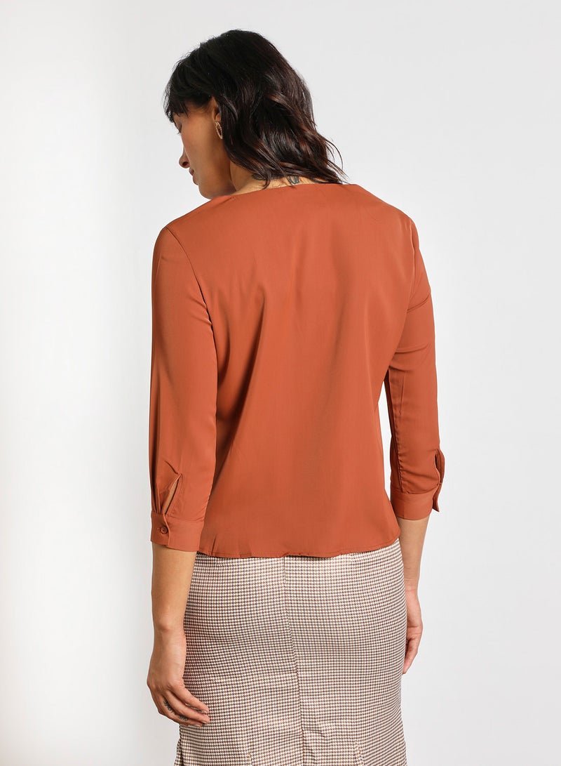 Aila Women's Casual Long Sleeve V Neck Solid Top Brown - Image 3