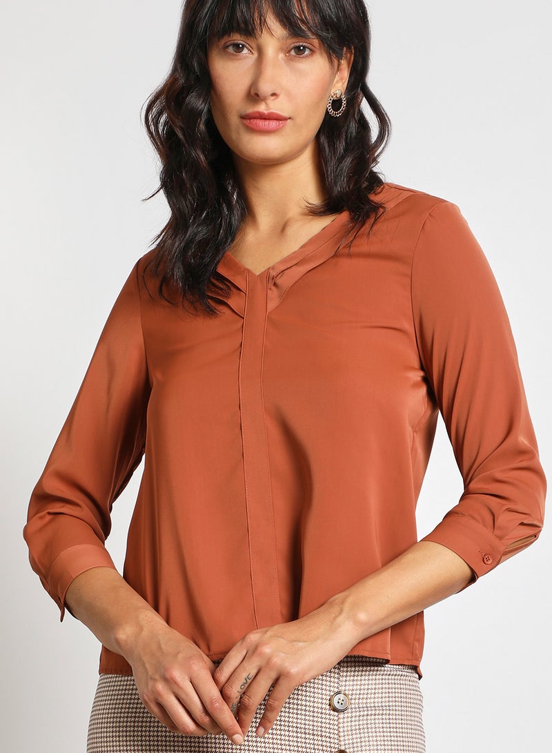 Aila Women's Casual Long Sleeve V Neck Solid Top Brown - Image 4