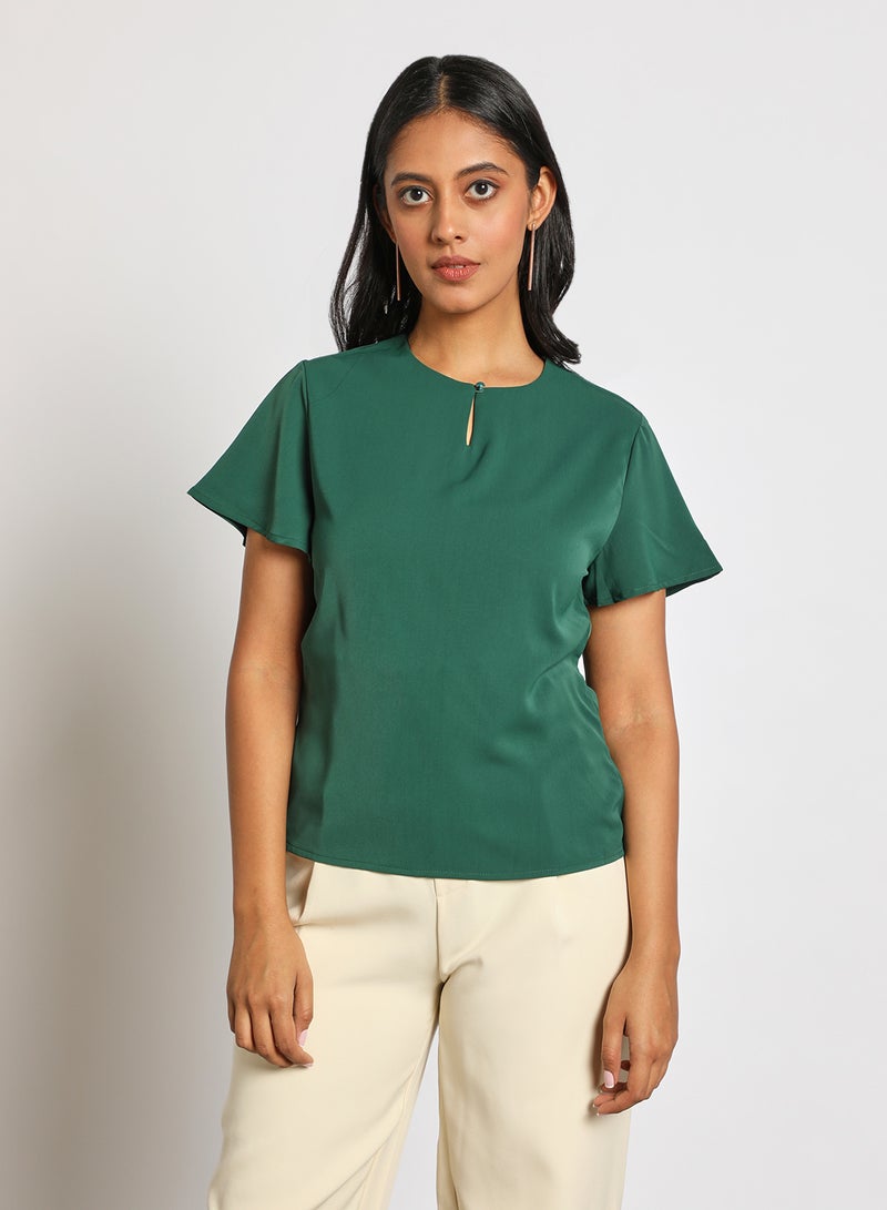 Aila Women's Casual Keyhole Neck Short Bell Sleeve Casual Top Green  - Image 1