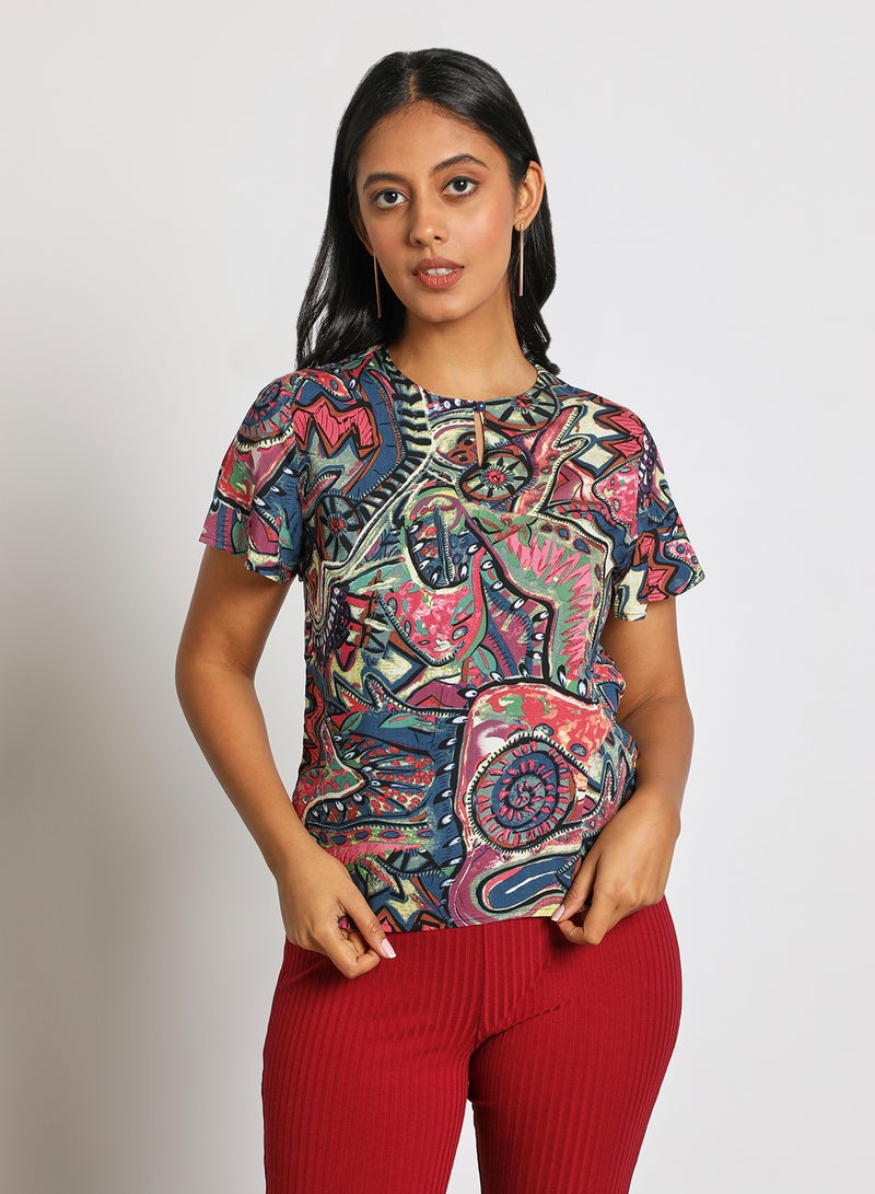 Aila Women's Casual Keyhole Neck Short Bell Sleeve Casual Top Blue  - Image 1