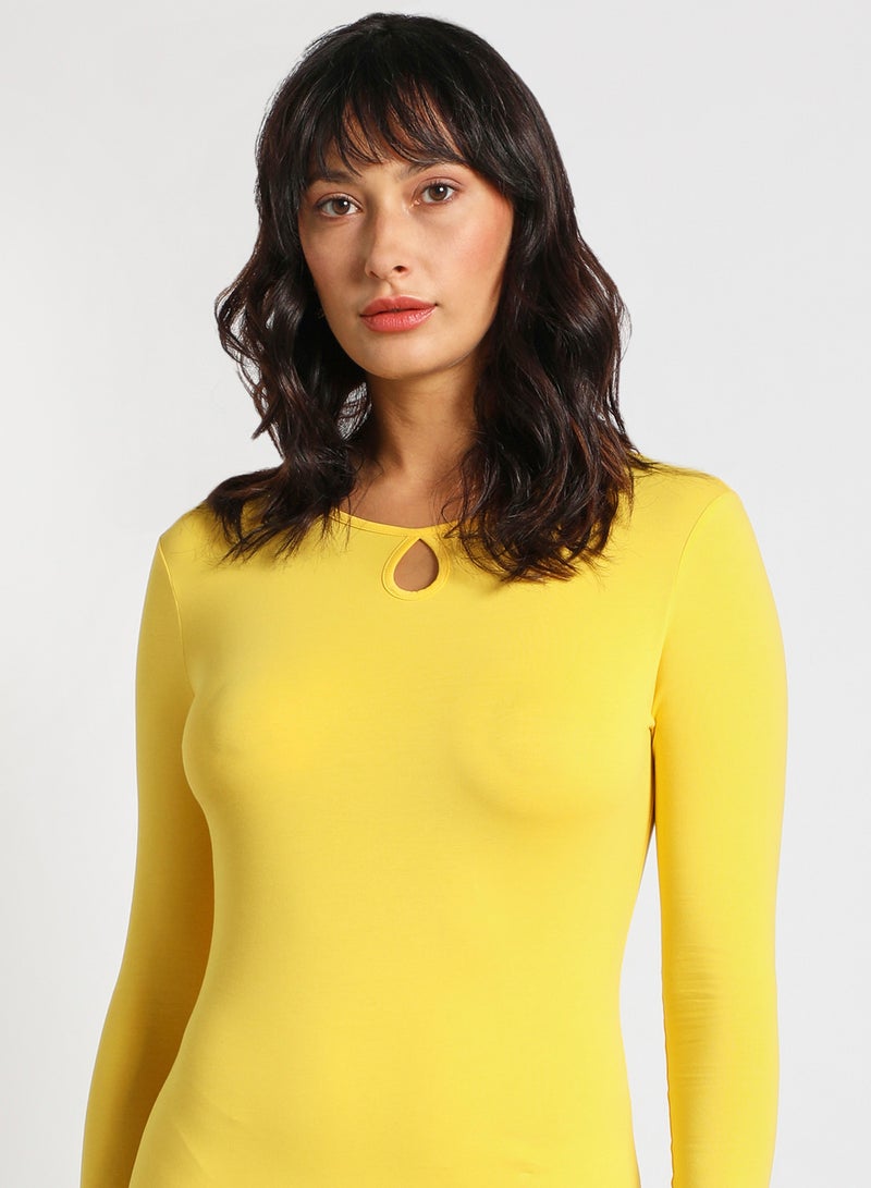 Aila - Women's Casul Keyhole Neck Long Sleeve Bodycon Mini Knit Dress Yellow - Image 1