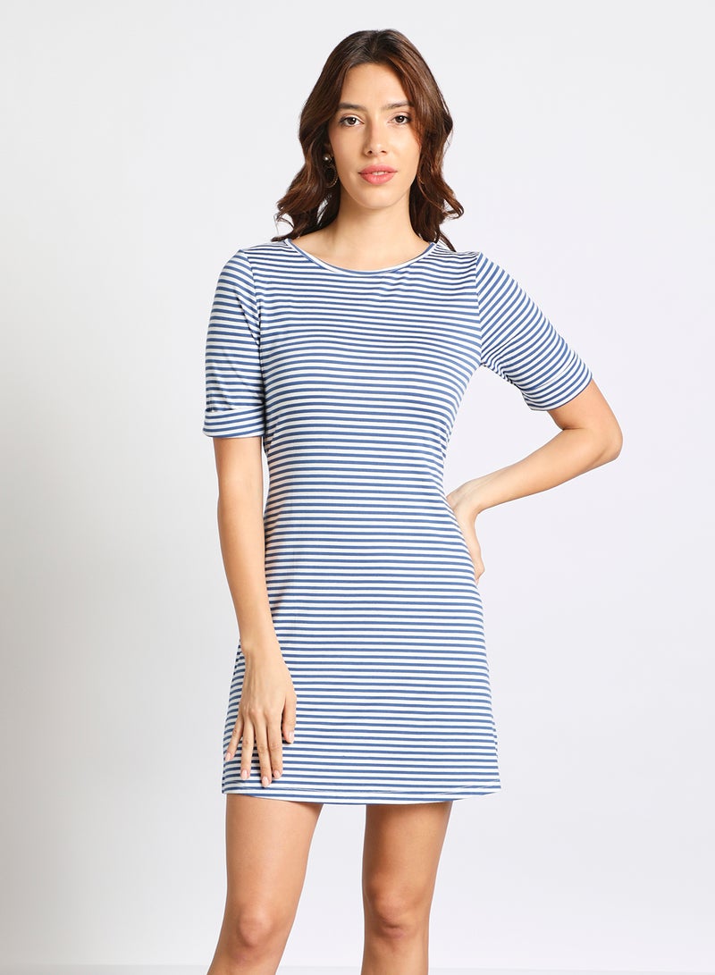 Aila Women's Casual Horizontal Stripes Half Sleeve Knee Length Knit Dress With Waist Tie Blue Stripe/White  - Image 1