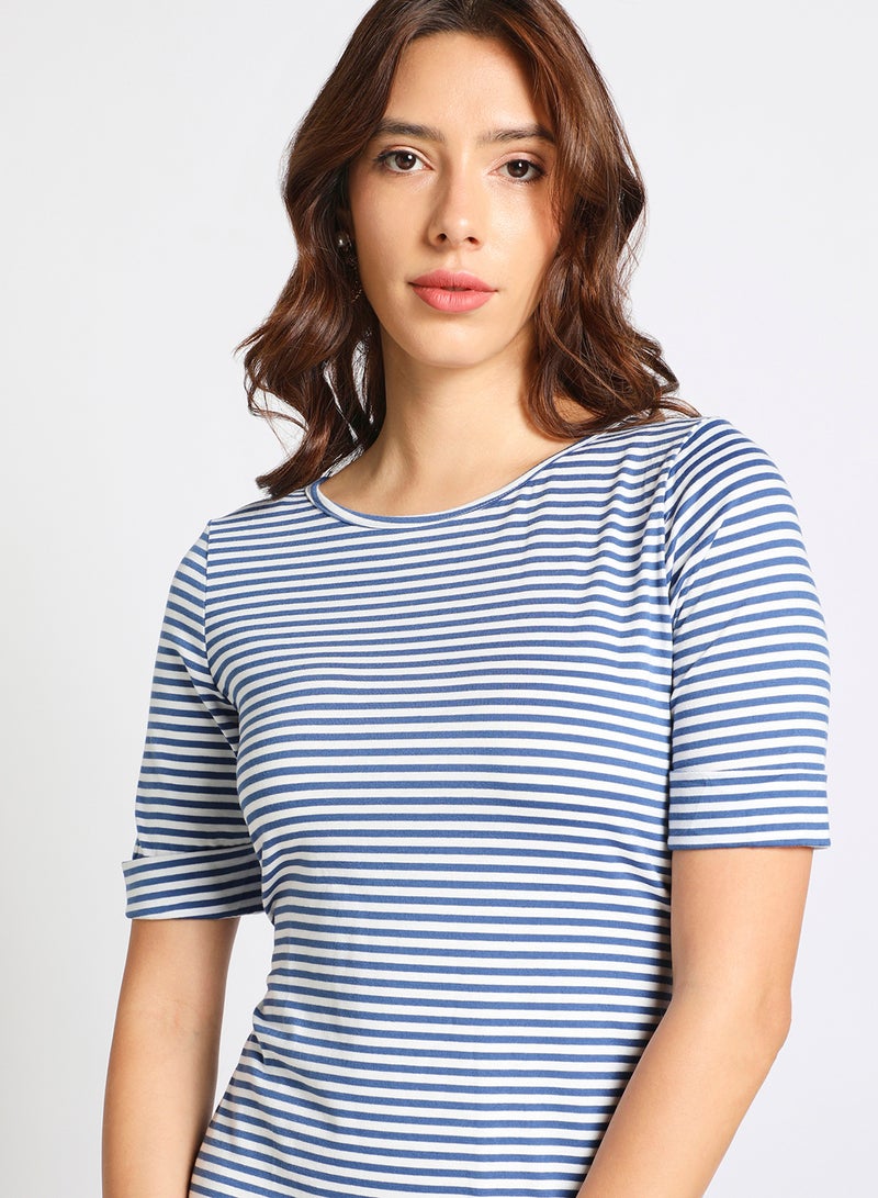 Aila Women's Casual Horizontal Stripes Half Sleeve Knee Length Knit Dress With Waist Tie Blue Stripe/White  - Image 4