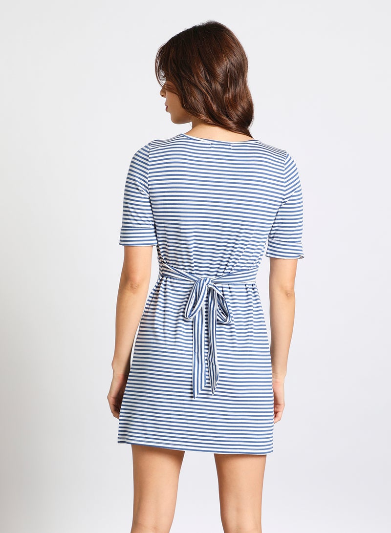 Aila Women's Casual Horizontal Stripes Half Sleeve Knee Length Knit Dress With Waist Tie Blue Stripe/White  - Image 3