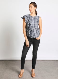 Women's Casual Sleeveless Polyester Tops with Round Neck Checkered Pattern With Ruffles Blue - v1636606512/N47963103V_2