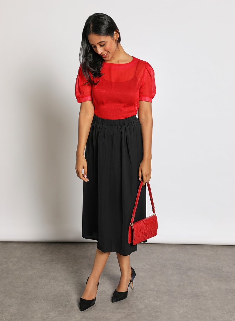 Aila Women's Casual Round Neck Short Sleeve Translucence Top Red  - Image 2