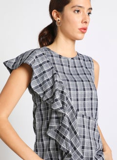 Women's Casual Sleeveless Polyester Tops with Round Neck Checkered Pattern With Ruffles Blue - v1636606513/N47963103V_4