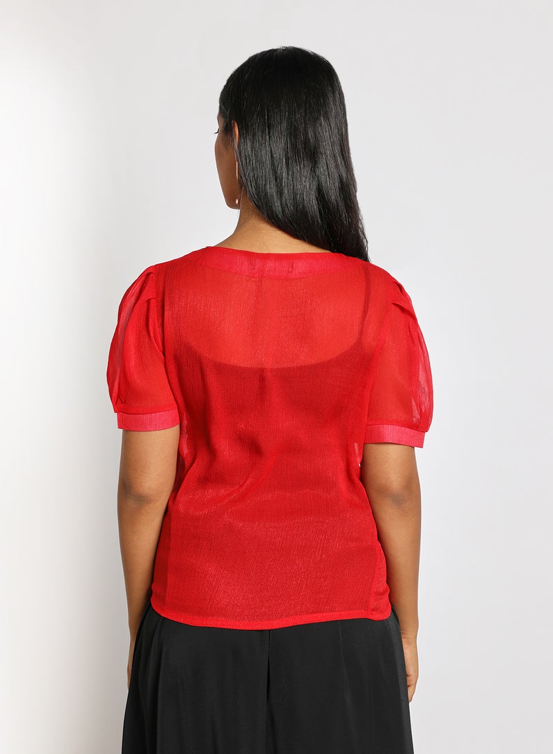 Aila Women's Casual Round Neck Short Sleeve Translucence Top Red  - Image 3