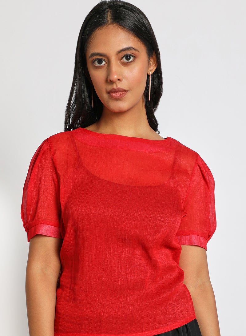 Aila Women's Casual Round Neck Short Sleeve Translucence Top Red  - Image 4