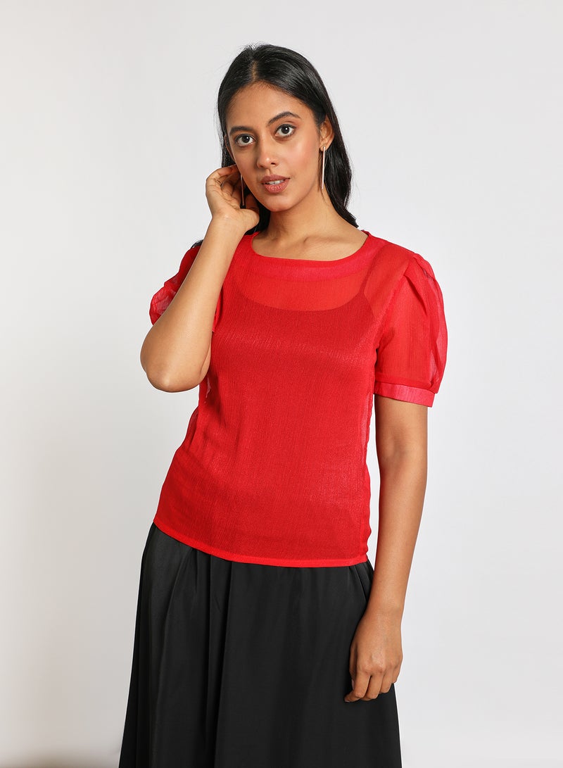 Aila Women's Casual Round Neck Short Sleeve Translucence Top Red  - Image 1