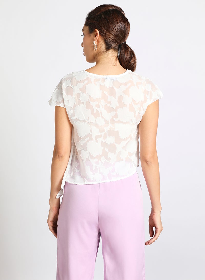 Aila - Women's Casual Frill Texture Round Neck Short Sleeve Crop Tops White - Image 1