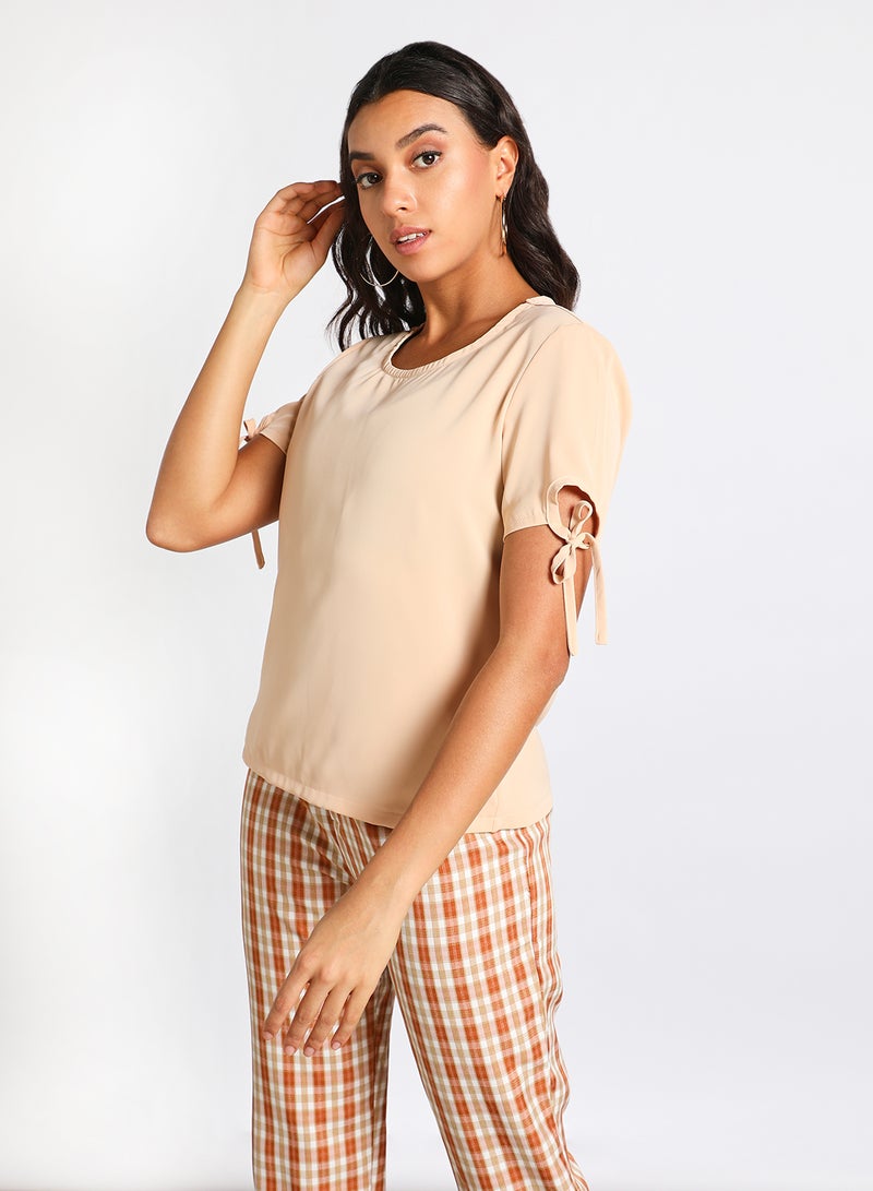 Aila - Women's Casual Knotted Short Sleeve Round Neck Top Aprico - Image 1