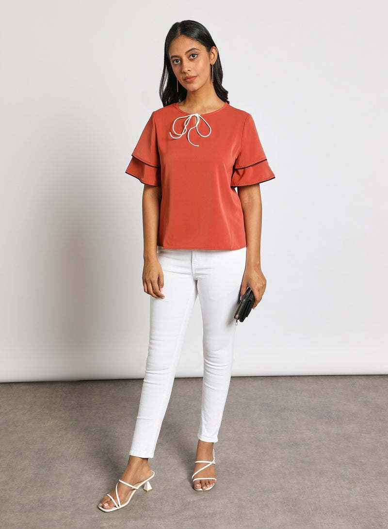 Aila Women's Layered Short Sleeve Notched Neck Top Brick Red  - Image 2
