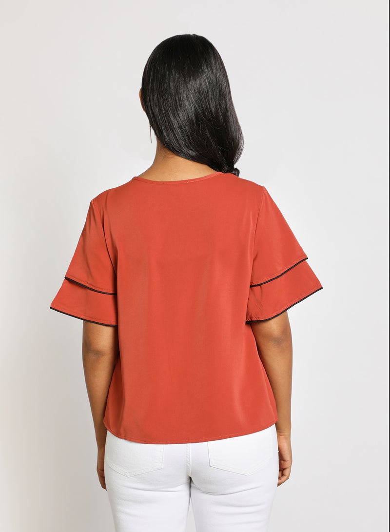Aila Women's Layered Short Sleeve Notched Neck Top Brick Red  - Image 3