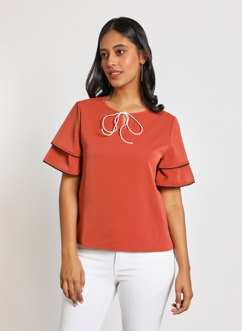 Aila Women's Layered Short Sleeve Notched Neck Top Brick Red  - Image 1