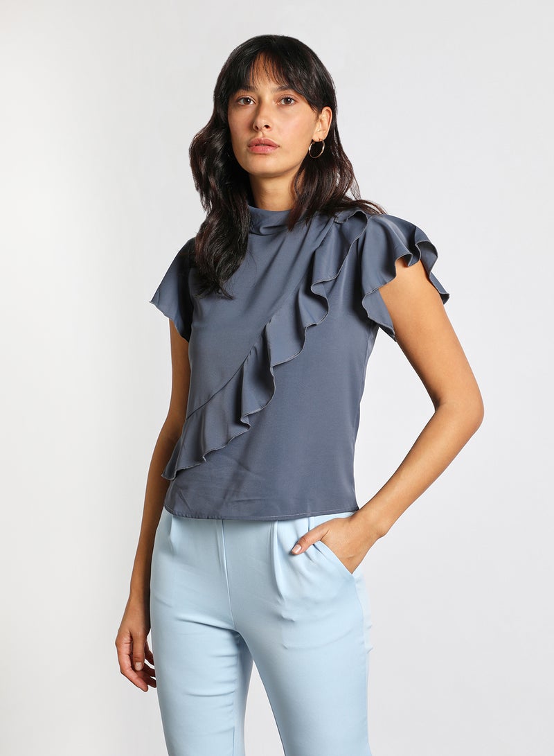 Aila Women's Casual Cap Sleeve Polyester Blend Tops With High Neck With Diagonal Frill Navy Blue  - Image 1