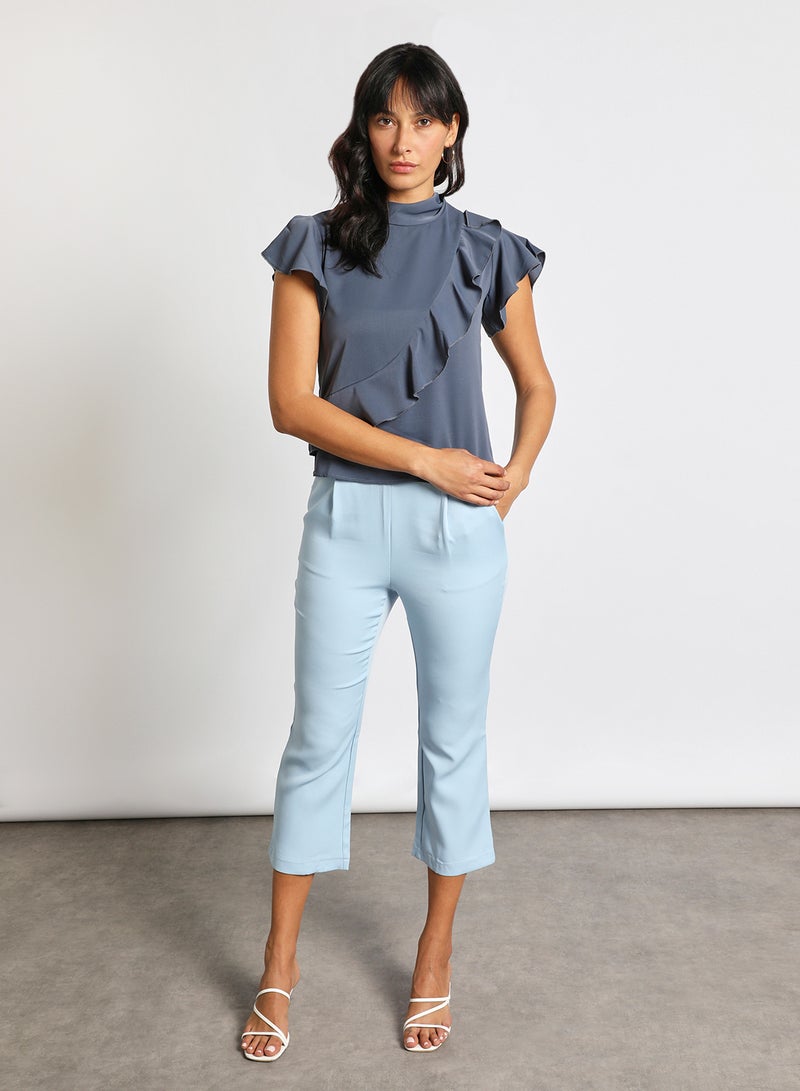 Aila Women's Casual Cap Sleeve Polyester Blend Tops With High Neck With Diagonal Frill Navy Blue  - Image 2