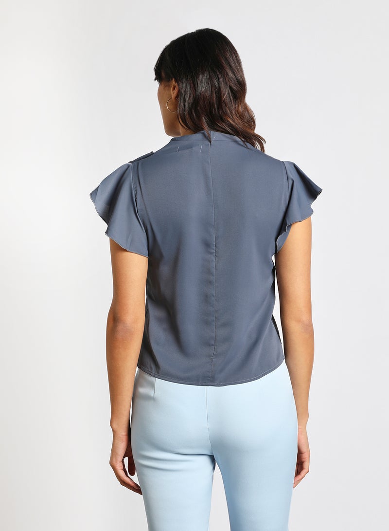 Aila Women's Casual Cap Sleeve Polyester Blend Tops With High Neck With Diagonal Frill Navy Blue  - Image 3