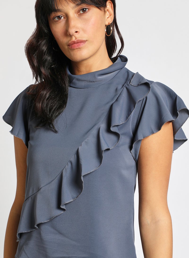 Aila Women's Casual Cap Sleeve Polyester Blend Tops With High Neck With Diagonal Frill Navy Blue  - Image 4