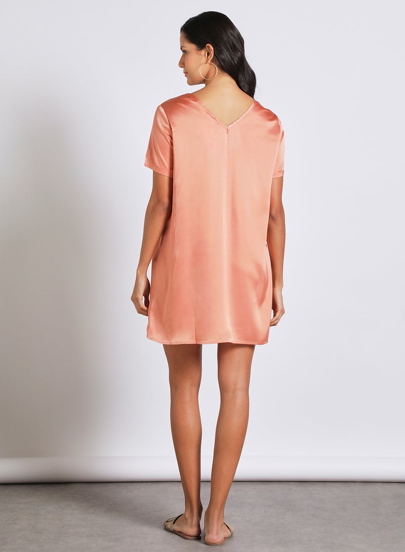 Aila Women's Casual Sweetheart Neck Short Sleeve Blocking Dress Coral  - Image 3