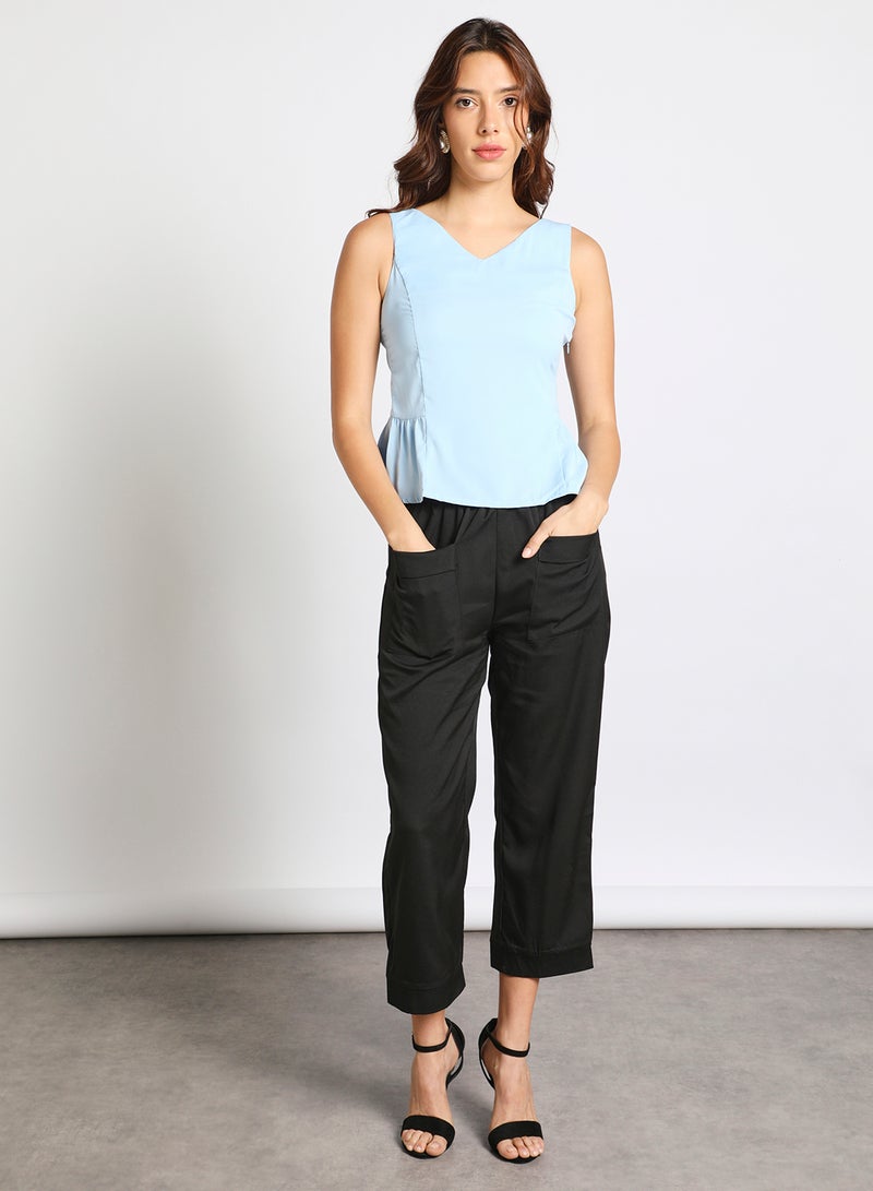 Aila - Women's Casual V-Neck Crop Top With Ruffle Hem Blue - Image 1