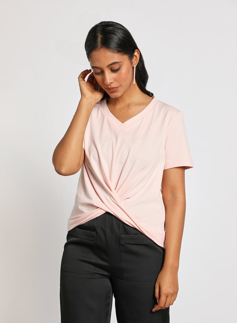 Aila Women's Casual Front Twist Sweetheart Neck Short Sleeve Knitted Top Pink  - Image 1