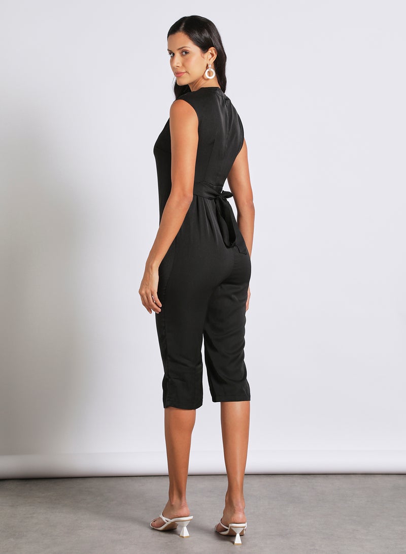 Aila Women's Sleeveless Tie Detail Tailored Wrap Jumpsuit With Waist Tie Black  - Image 3