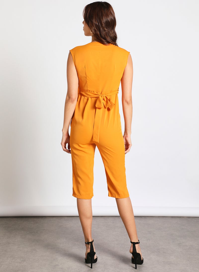 Aila Women's Sleeveless Tie Detail Tailored Wrap Jumpsuit With Waist Tie Mustard  - Image 3