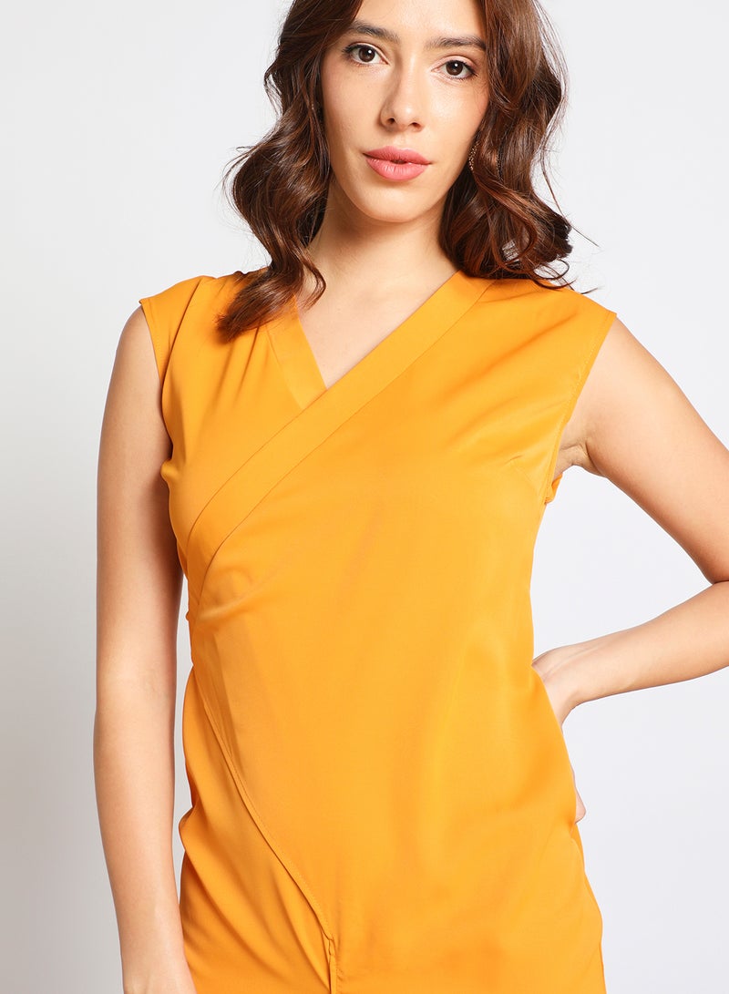 Aila Women's Sleeveless Tie Detail Tailored Wrap Jumpsuit With Waist Tie Mustard  - Image 4
