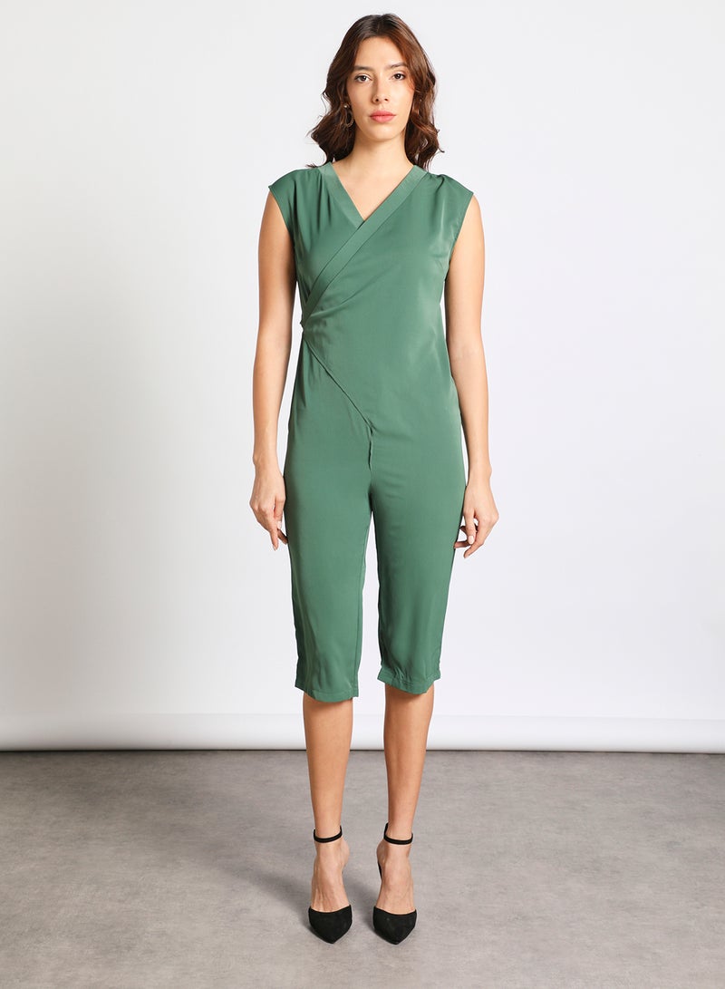 Aila - Women's Sleeveless Tie Detail Tailored Wrap Jumpsuit With Waist Tie Green - Image 1
