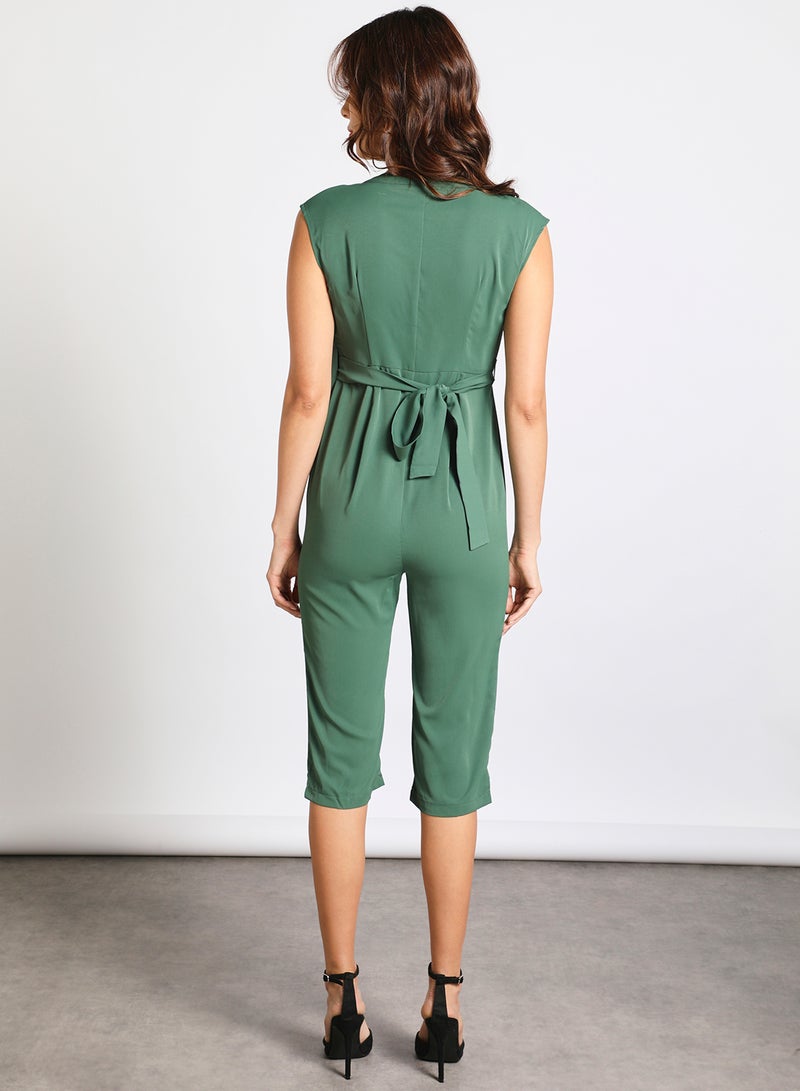 Aila - Women's Sleeveless Tie Detail Tailored Wrap Jumpsuit With Waist Tie Green - Image 1