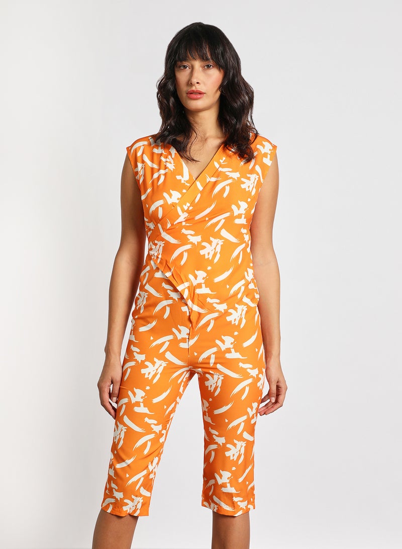 Aila Women's Sleeveless Tie Detail Tailored Wrap Jumpsuit With Waist Tie Orange/White  - Image 1