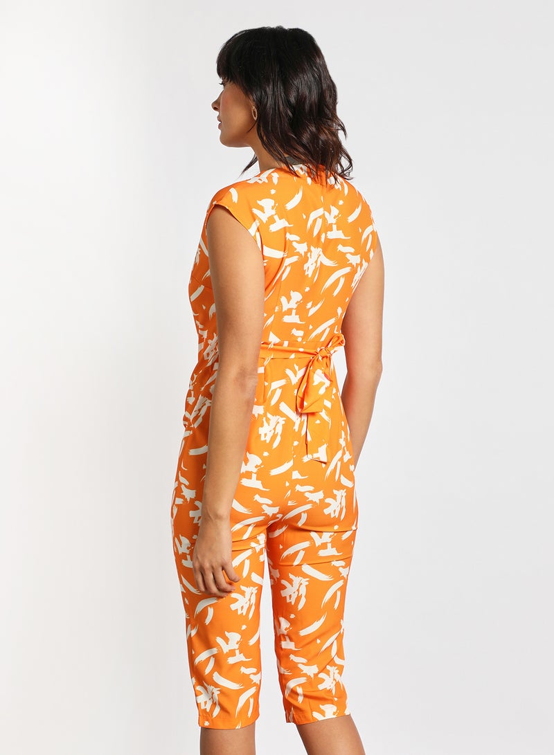Aila Women's Sleeveless Tie Detail Tailored Wrap Jumpsuit With Waist Tie Orange/White  - Image 3