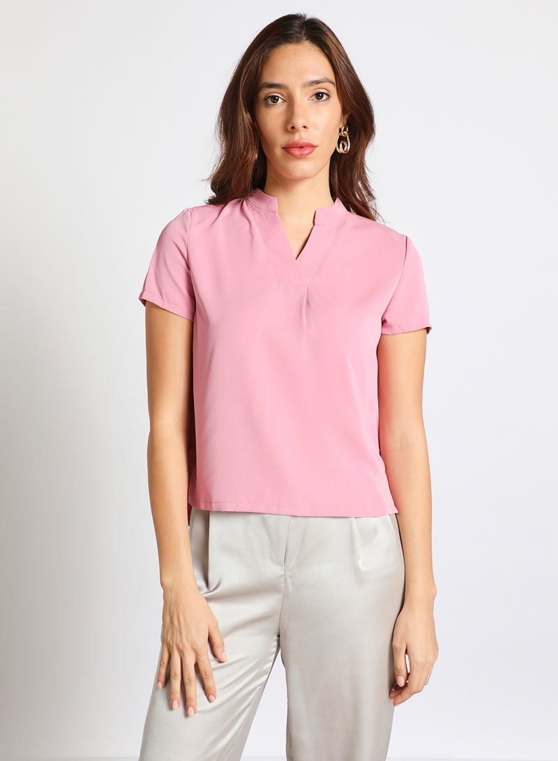 Aila Women's Casual Stand Collar V-Neck Short Sleeve Top With Side Slit Purple  - Image 1