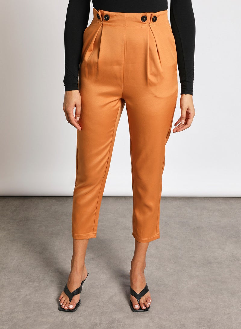 Aila Women's Waistband Button Detail Plain Casual Pants Brown  - Image 1