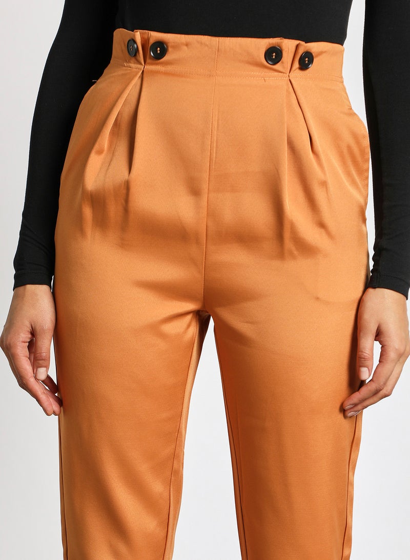 Aila Women's Waistband Button Detail Plain Casual Pants Brown  - Image 4