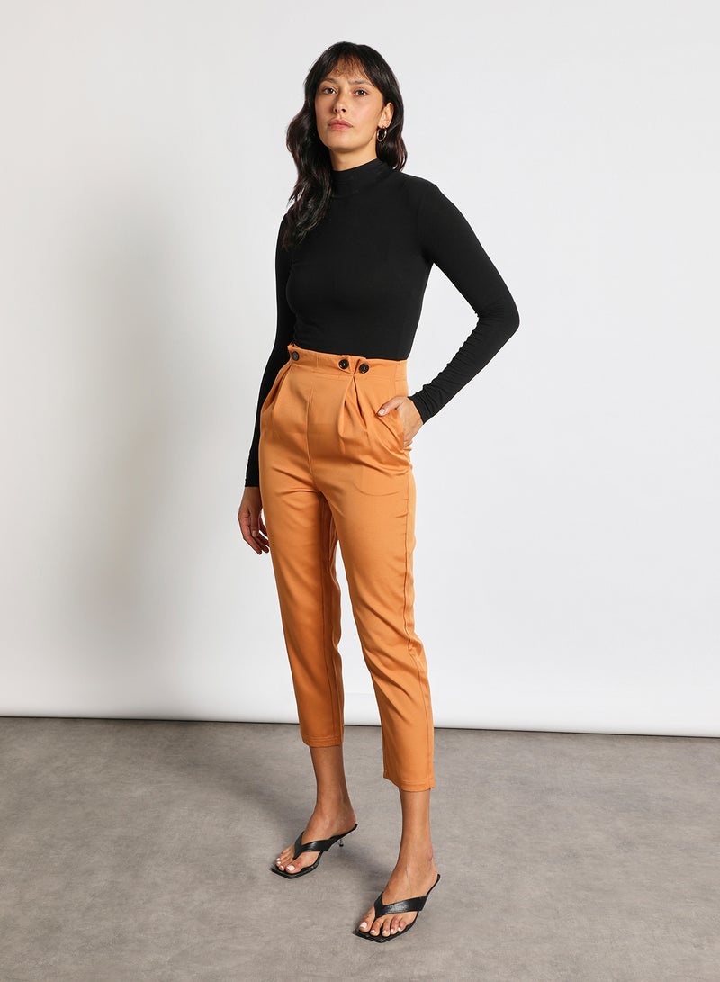 Aila Women's Waistband Button Detail Plain Casual Pants Brown  - Image 2