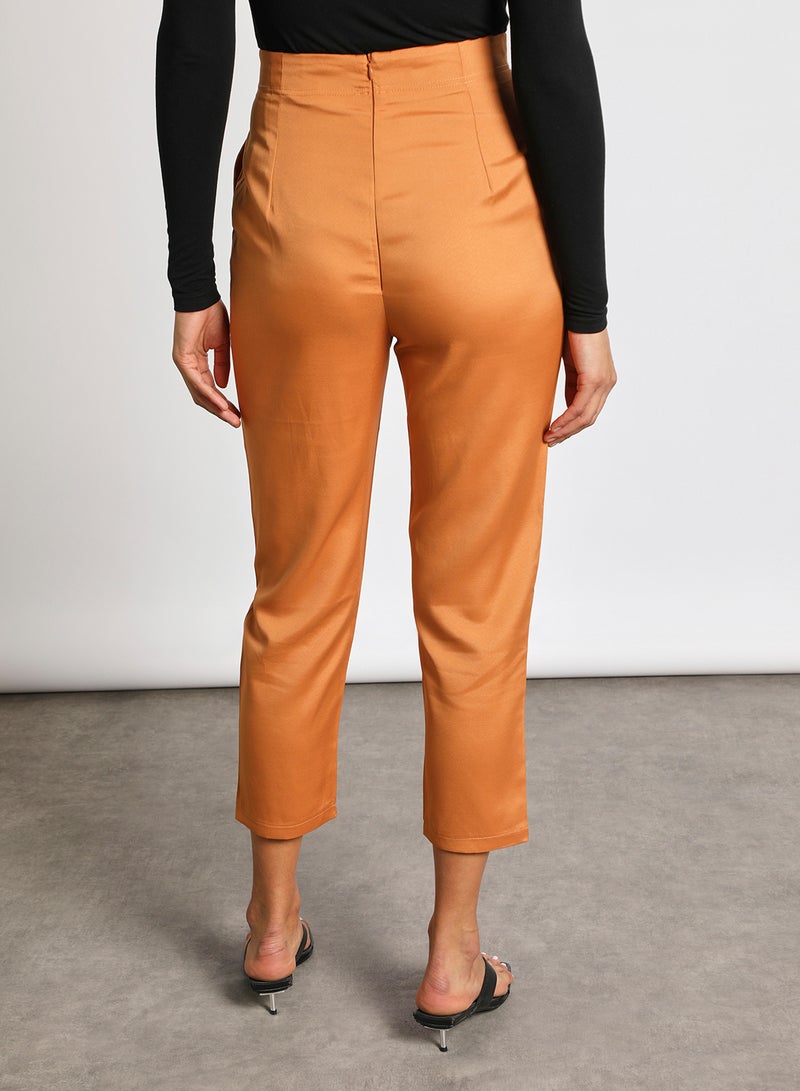 Aila Women's Waistband Button Detail Plain Casual Pants Brown  - Image 3