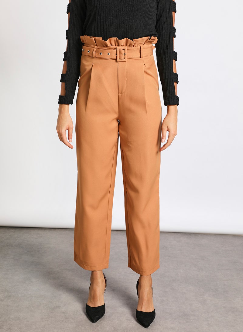Aila - Women's Self Waist Band Plain Casual Leg Pants Brown - Image 1