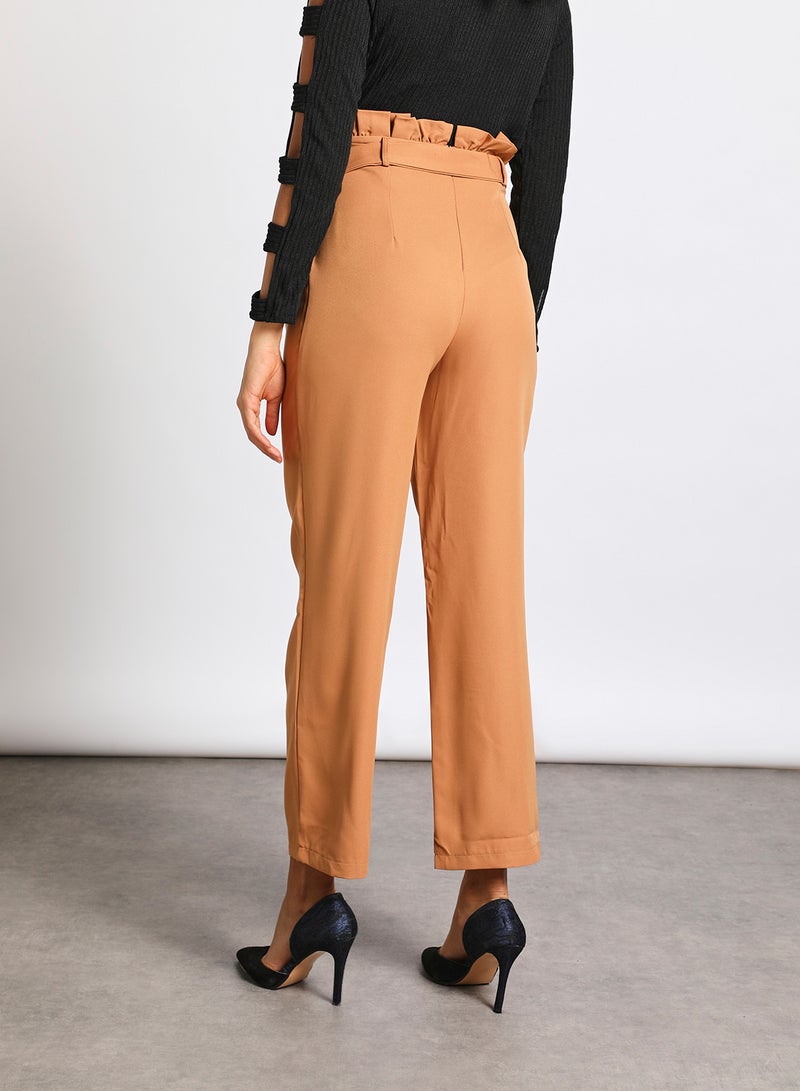 Aila - Women's Self Waist Band Plain Casual Leg Pants Brown - Image 1