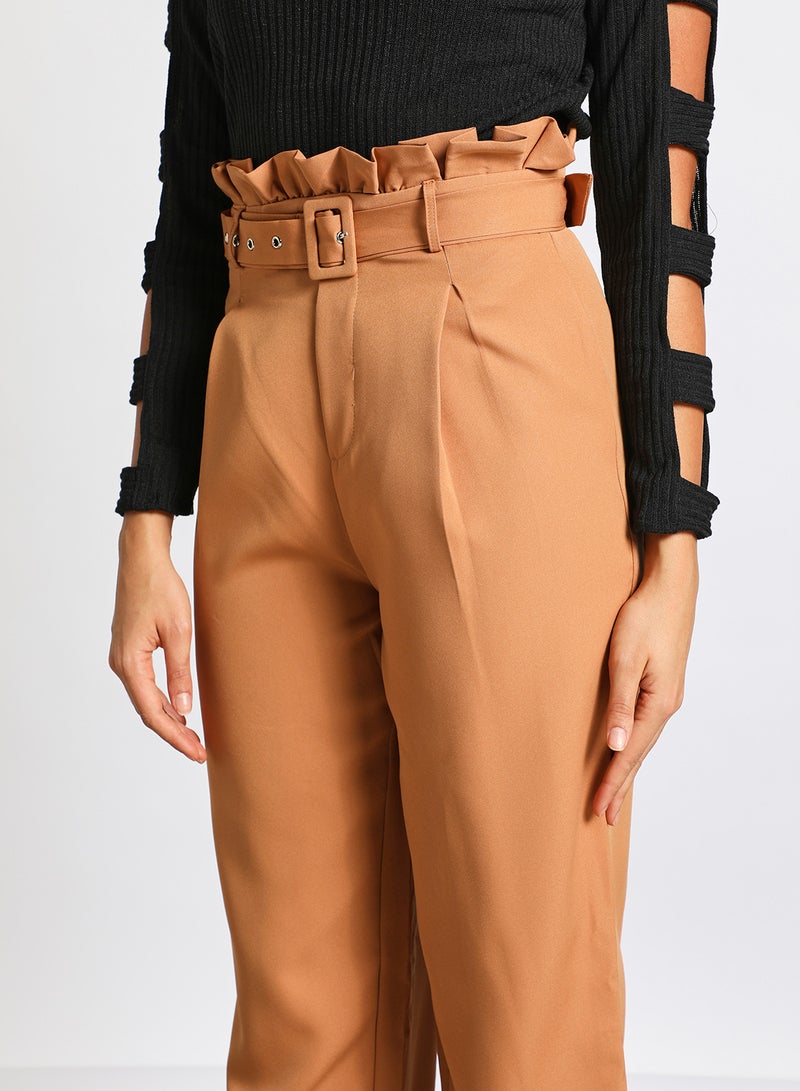 Aila - Women's Self Waist Band Plain Casual Leg Pants Brown - Image 1