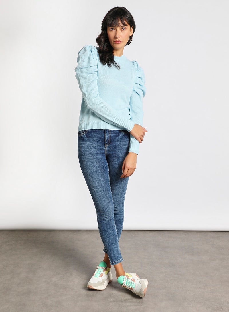 Aila Crew neck puff sleeve solid sweater Blue  - Image 2