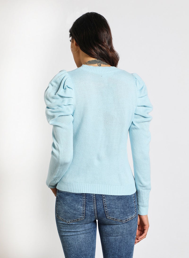 Aila Crew neck puff sleeve solid sweater Blue  - Image 3