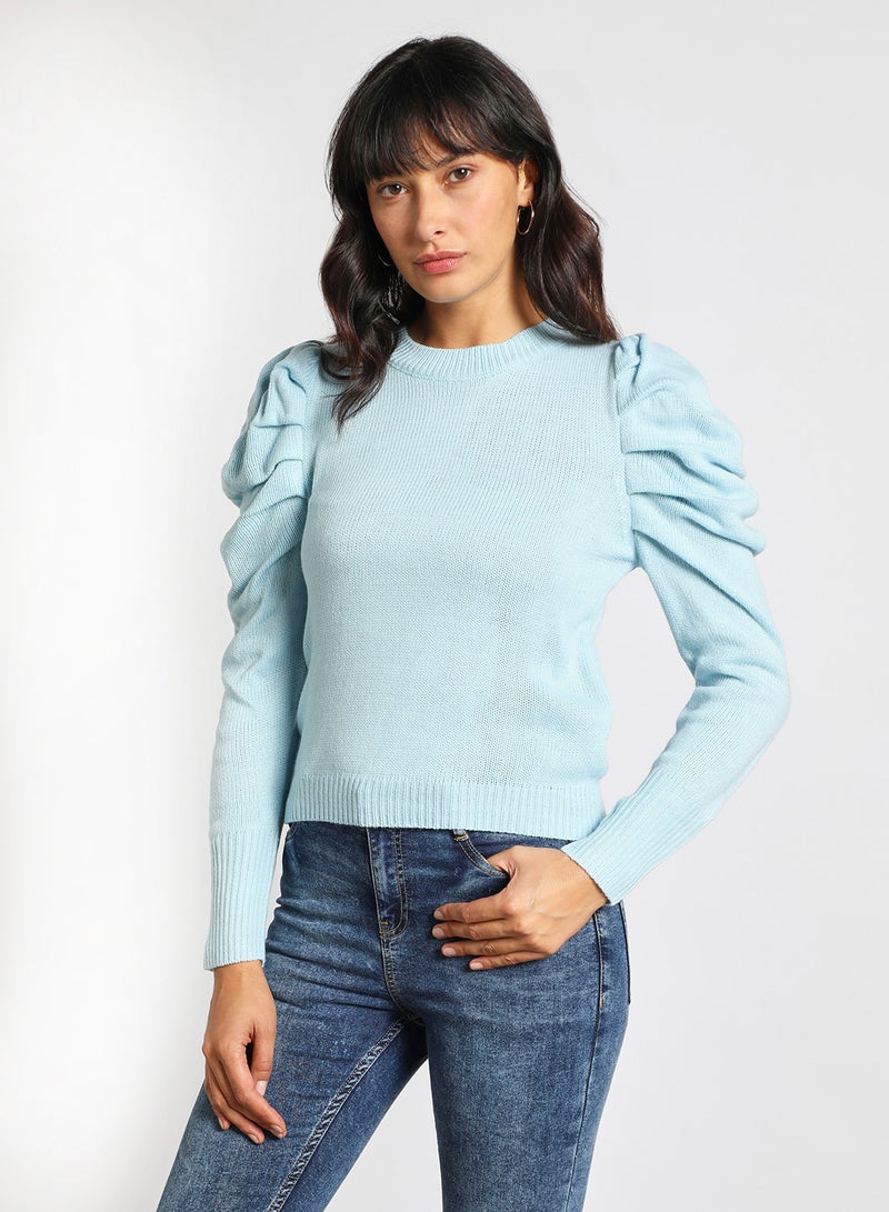 Aila Crew neck puff sleeve solid sweater Blue  - Image 1