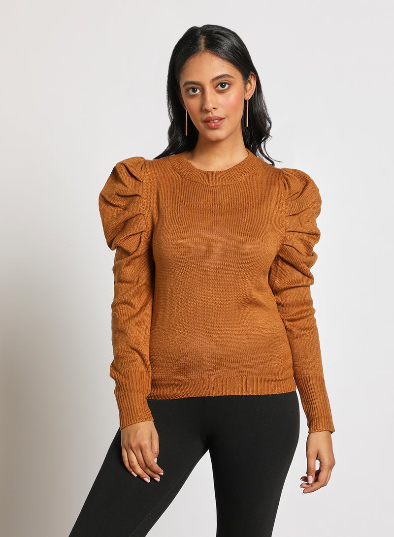 Aila Crew neck puff sleeve solid sweater Brown  - Image 1