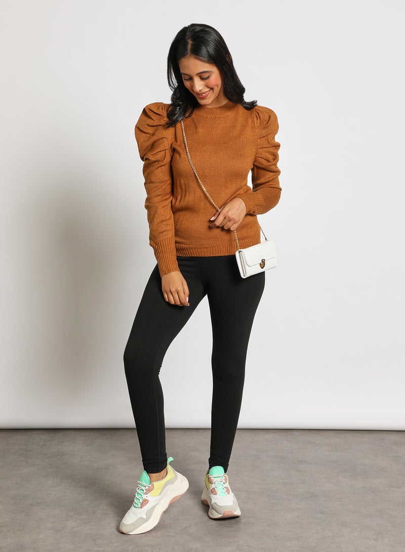 Aila Crew neck puff sleeve solid sweater Brown  - Image 2