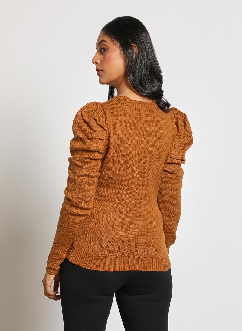 Aila Crew neck puff sleeve solid sweater Brown  - Image 3