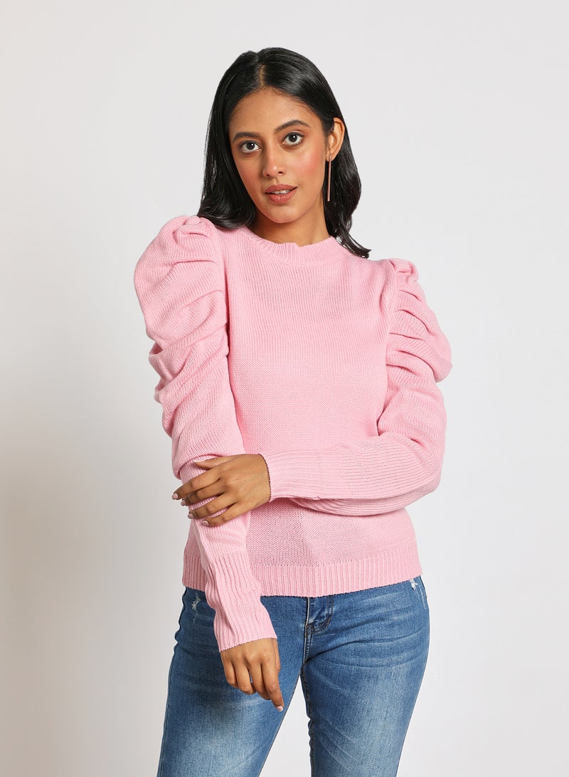 Aila Crew neck puff sleeve solid sweater Pink  - Image 1